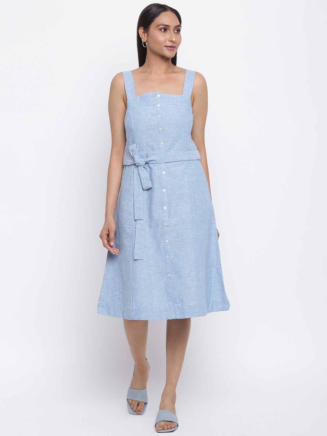 

Fabindia Blue Linen A-Line Dress