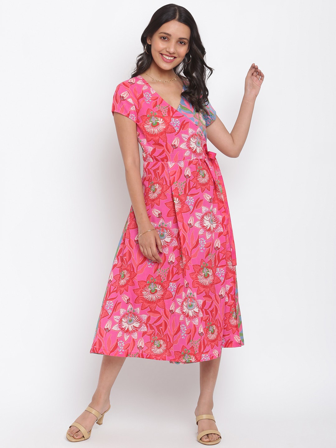 

Fabindia Teal & Pink Printed Floral Midi Dress