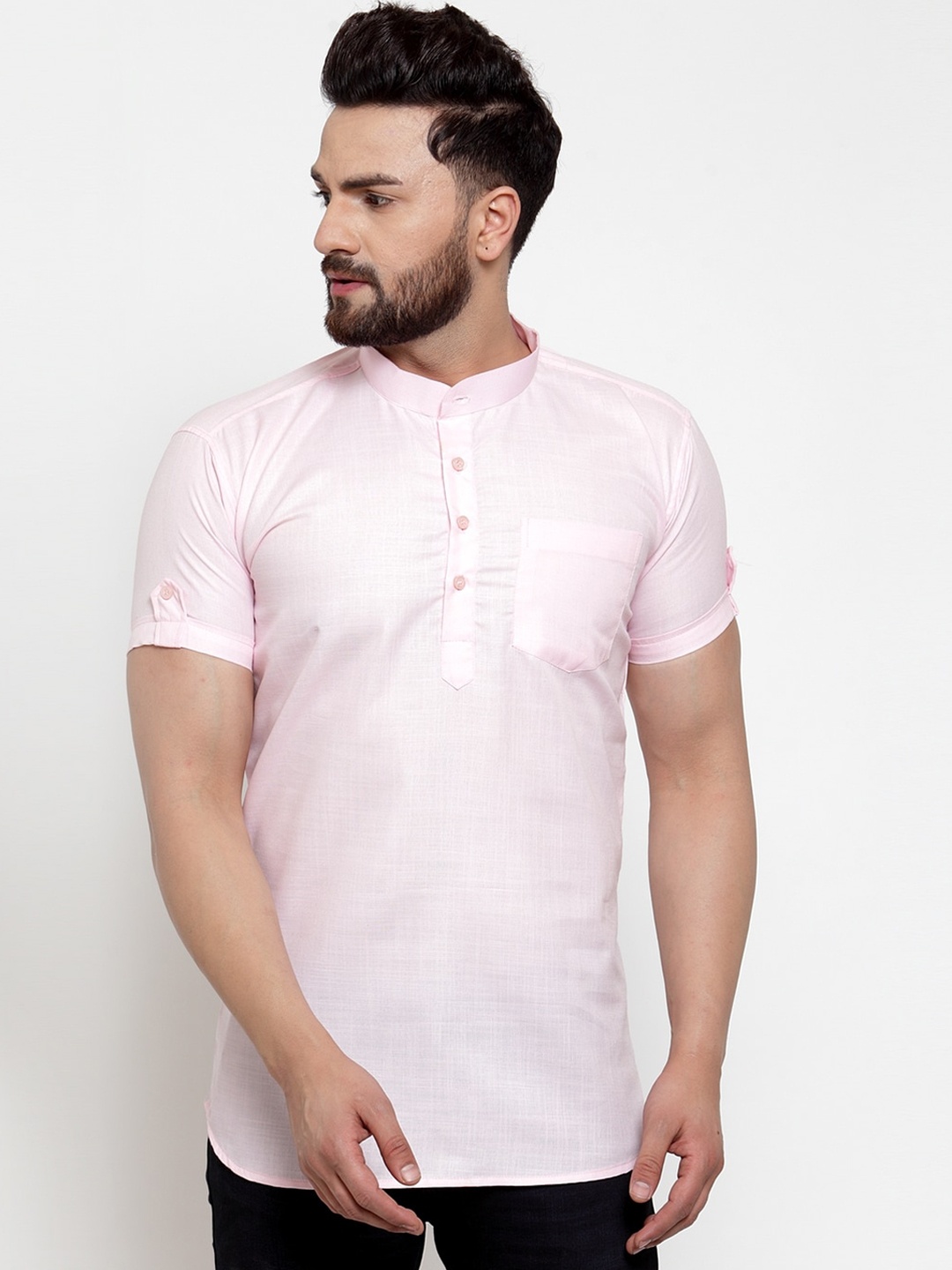 

Kaifoo Men Pink Solid Cotton Blend Short Kurta
