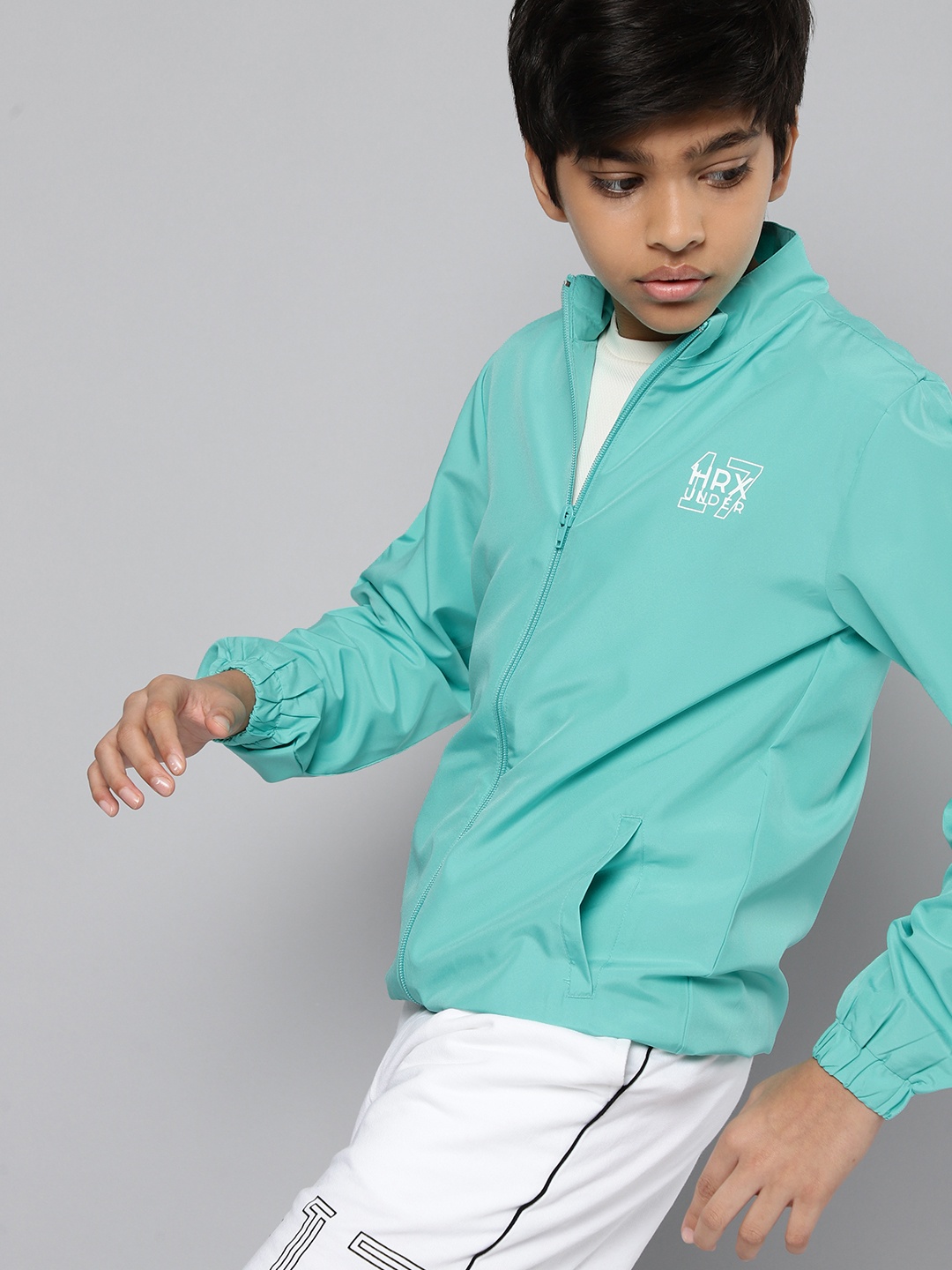 

HRX by Hrithik Roshan Boys Sea Green Solid Rapid Dry Bomber Jacket