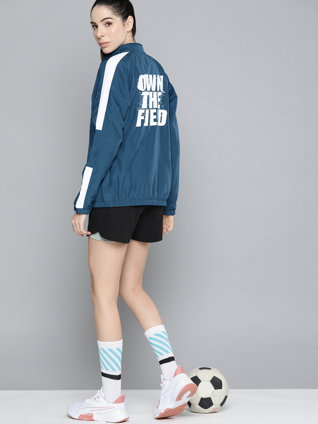 

HRX by Hrithik Roshan Women Teal Blue Rapid-Dry Back Print Football Jacket
