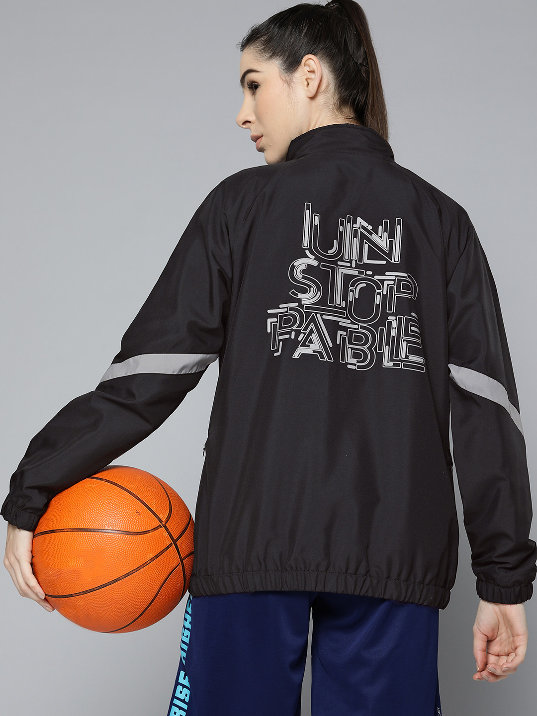 

HRX by Hrithik Roshan Women Black & Grey Typography Printed Basketball Jacket