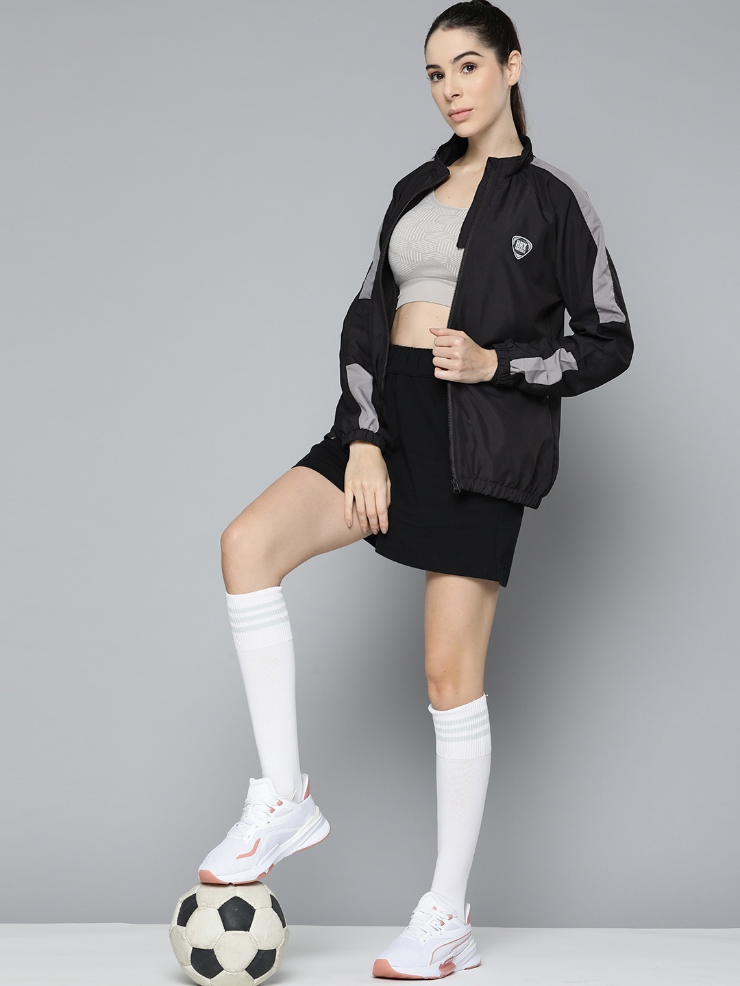 

HRX by Hrithik Roshan Women Black & Grey Typography Printed Rapid-dry Football Jacket