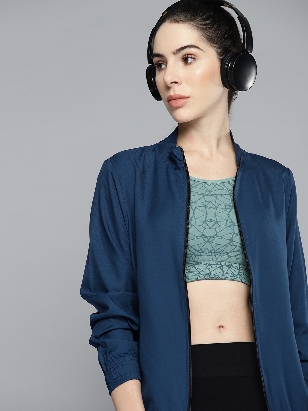 HRX by Hrithik Roshan Women Teal Blue Typography Training or Gym Sporty Jacket
