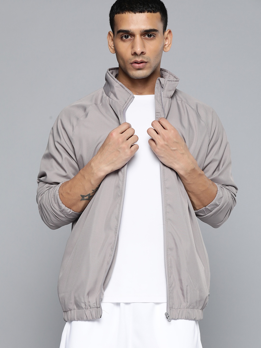

HRX by Hrithik Roshan Men Grey Brand Logo Print Basketball Jacket