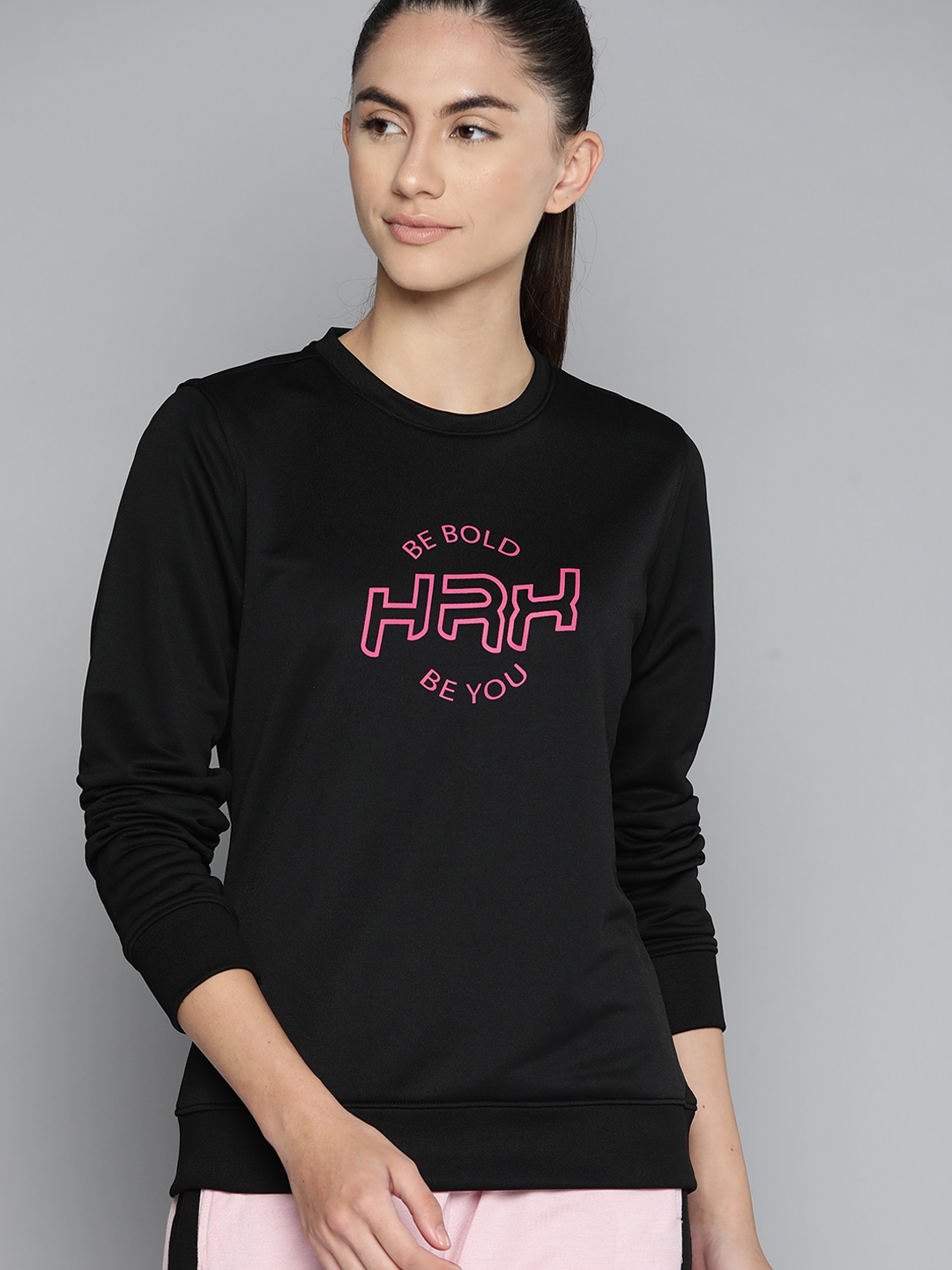 

HRX by Hrithik Roshan Women Black & Pink Brand Logo Printed Sweatshirt