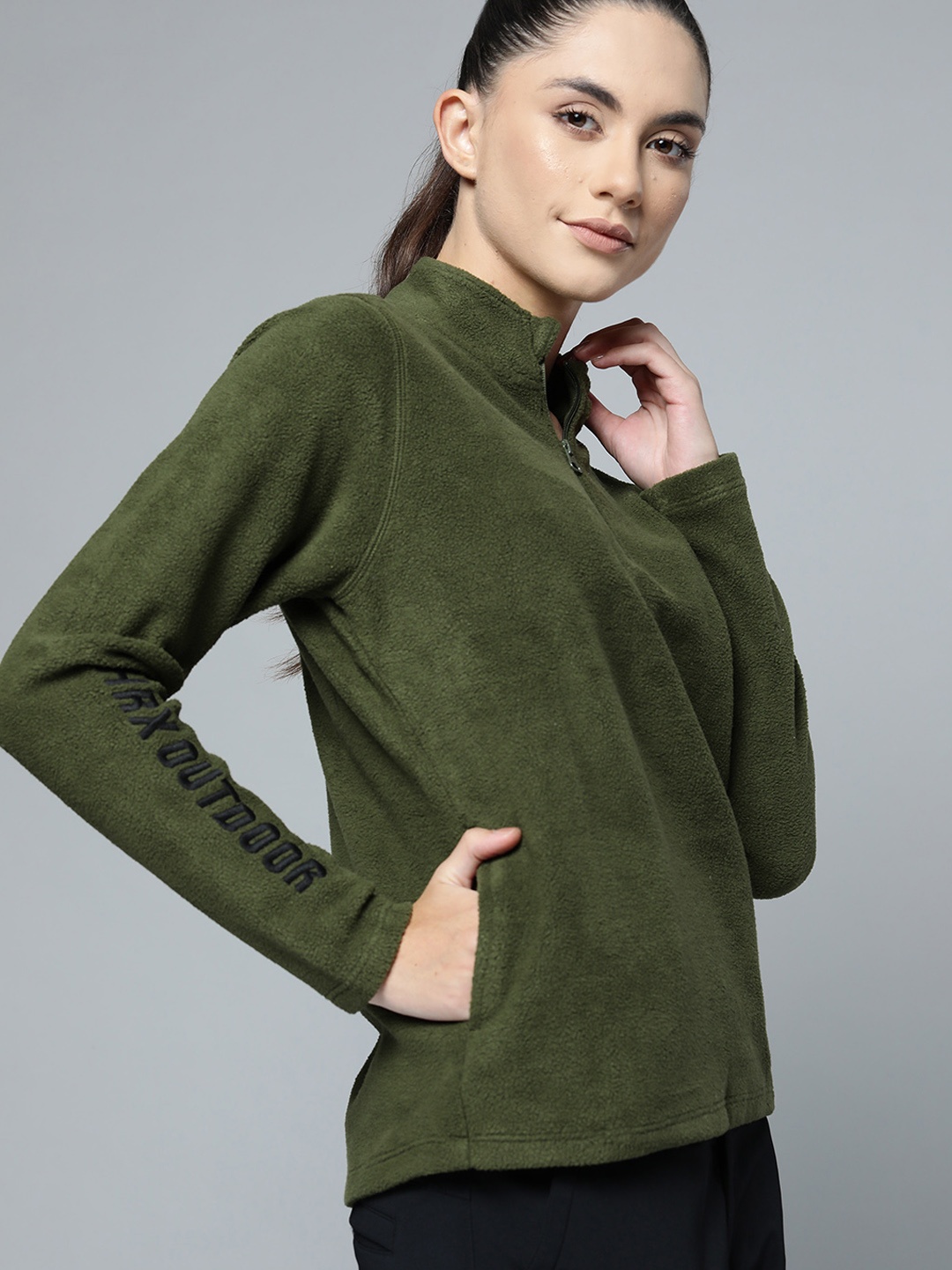 

HRX by Hrithik Roshan Women Olive Green Hooded Solid Sweatshirt