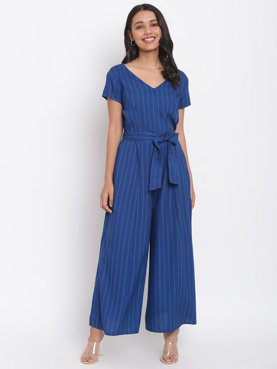 

Fabindia Women Blue Striped Basic Jumpsuit