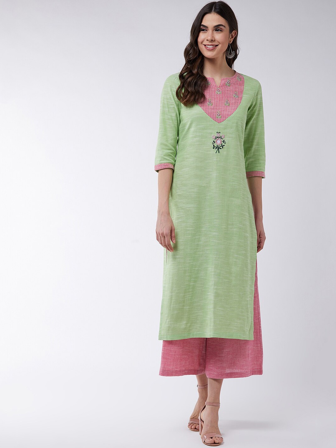 

Pannkh Women Green & Pink Floral Embroidered A-line Kurta