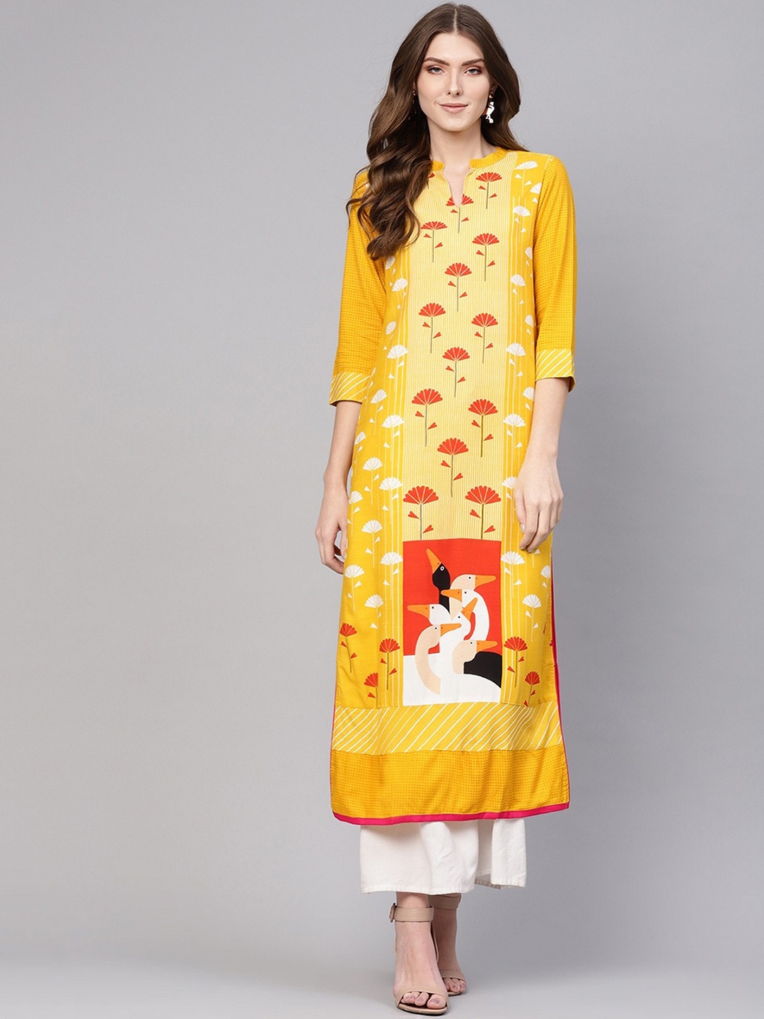 

Pannkh Women Yellow Allover Flamingo Printed Straight Kurta