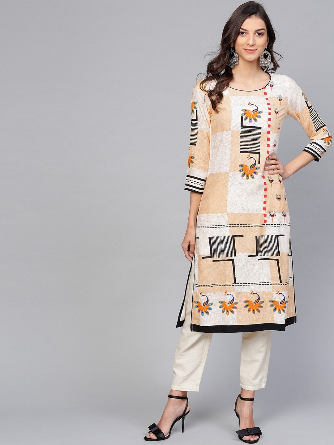

Pannkh Women Off White Peacock Inspired Round Neck Geometric Printed Kurta