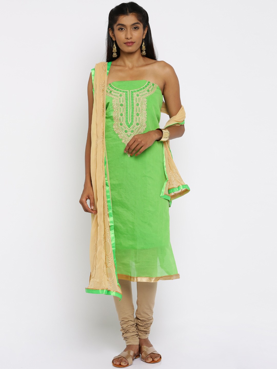 

Akhilam Mustard Green & Beige Embroidered Semi-Stitched Dress Material