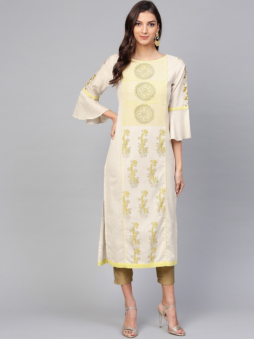 

Pannkh Women Off White & Yellow Ethnic Motifs Embroidered Kurta