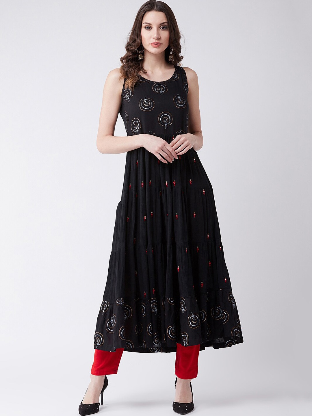 

Pannkh Women Black Ethnic Motifs Printed Embroidered Tiered Kurta