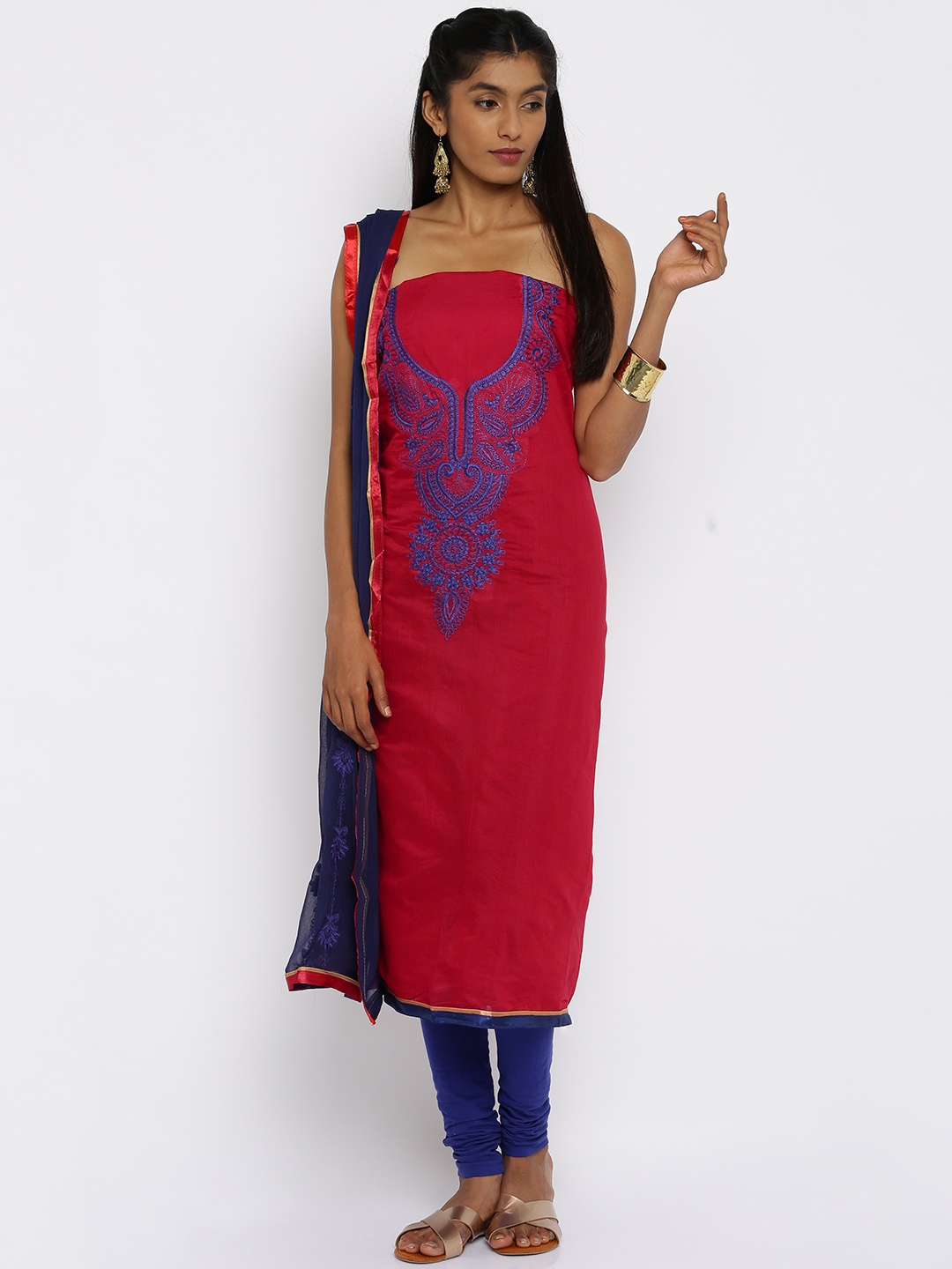 

Akhilam Red & Blue Embroidered Unstitched Dress Material