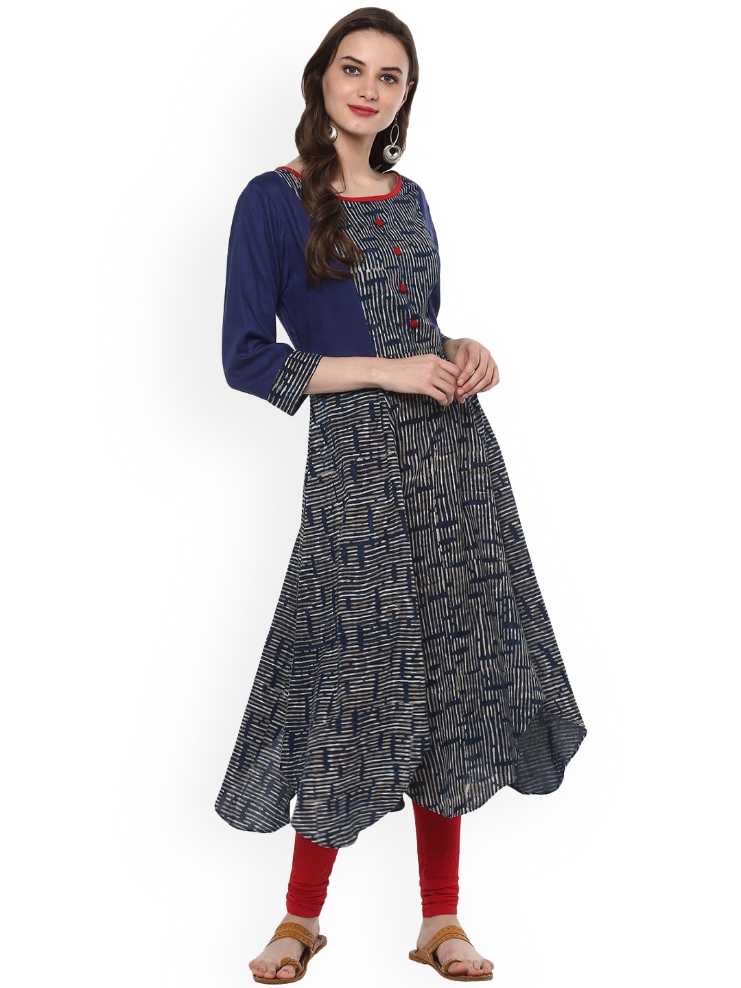 

Pannkh Women Navy Blue Printed Anarkali Asymmetric Kurta
