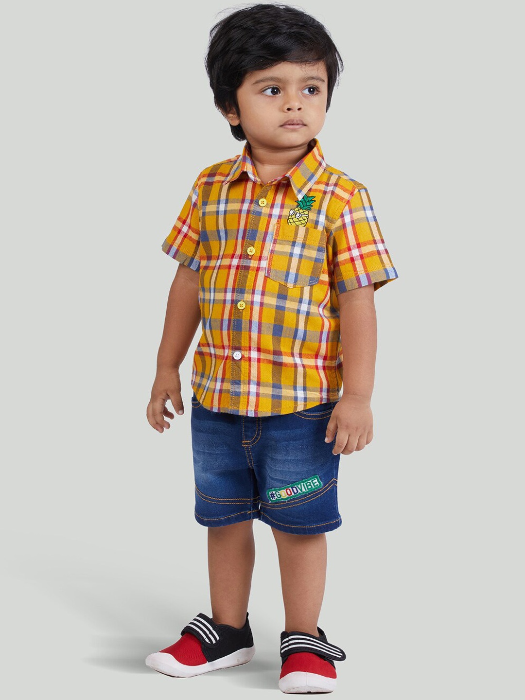 

Zalio Boys Yellow & Blue Checked Pure Cotton Shirt with Denim Shorts