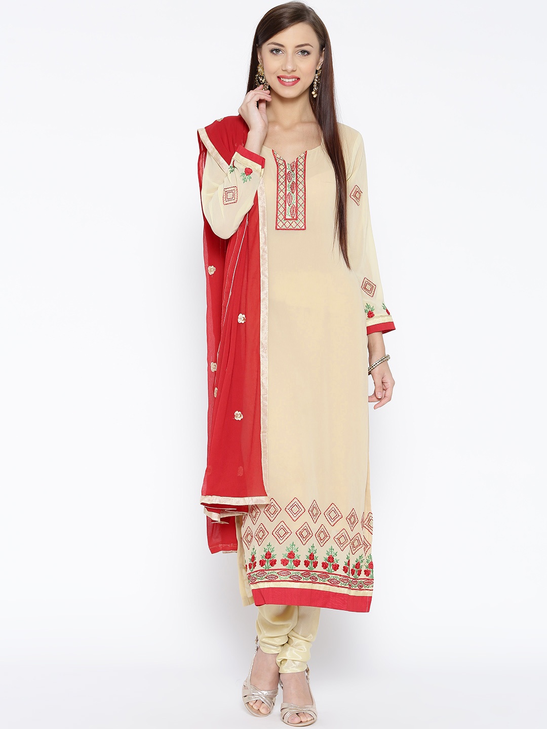 

Akhilam Beige & Red Embriodered Unstitched Dress Material