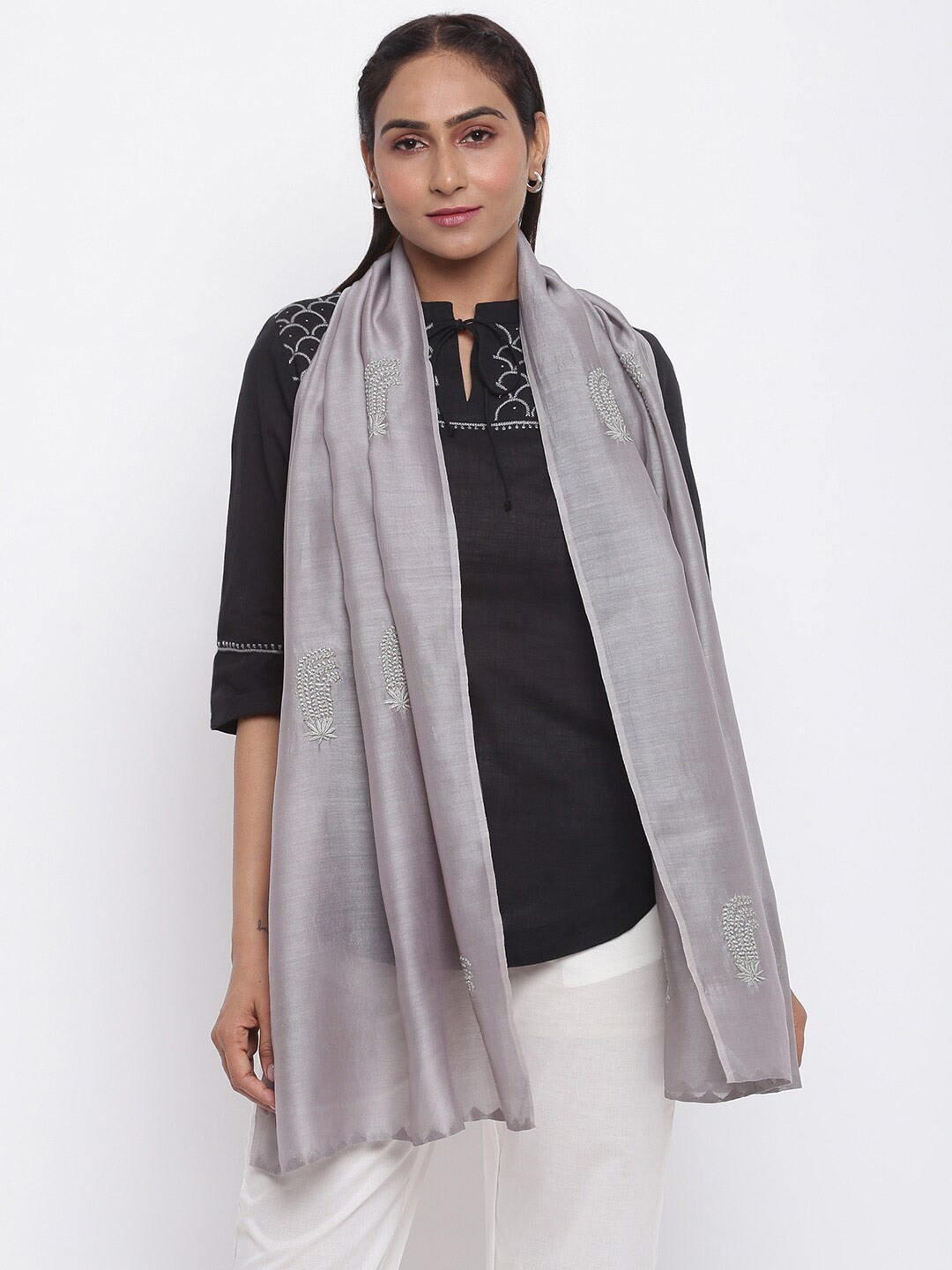 

Fabindia Women Grey Embroidered Stole