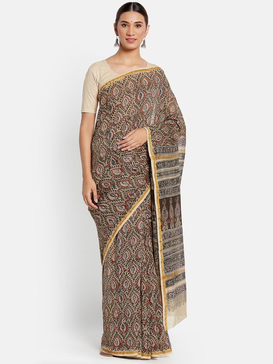 

Fabindia Women Olive Green & Gold-Toned Ethnic Motifs Pure Cotton Saree