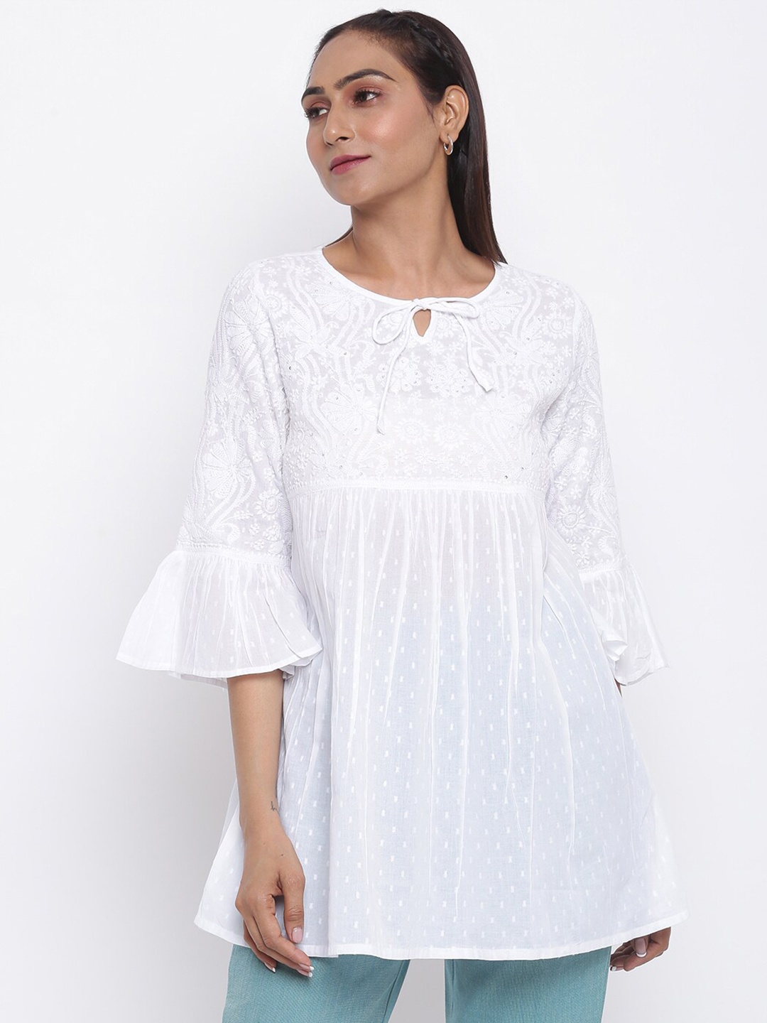 

Fabindia Women White Embroidered Round Neck Tunic