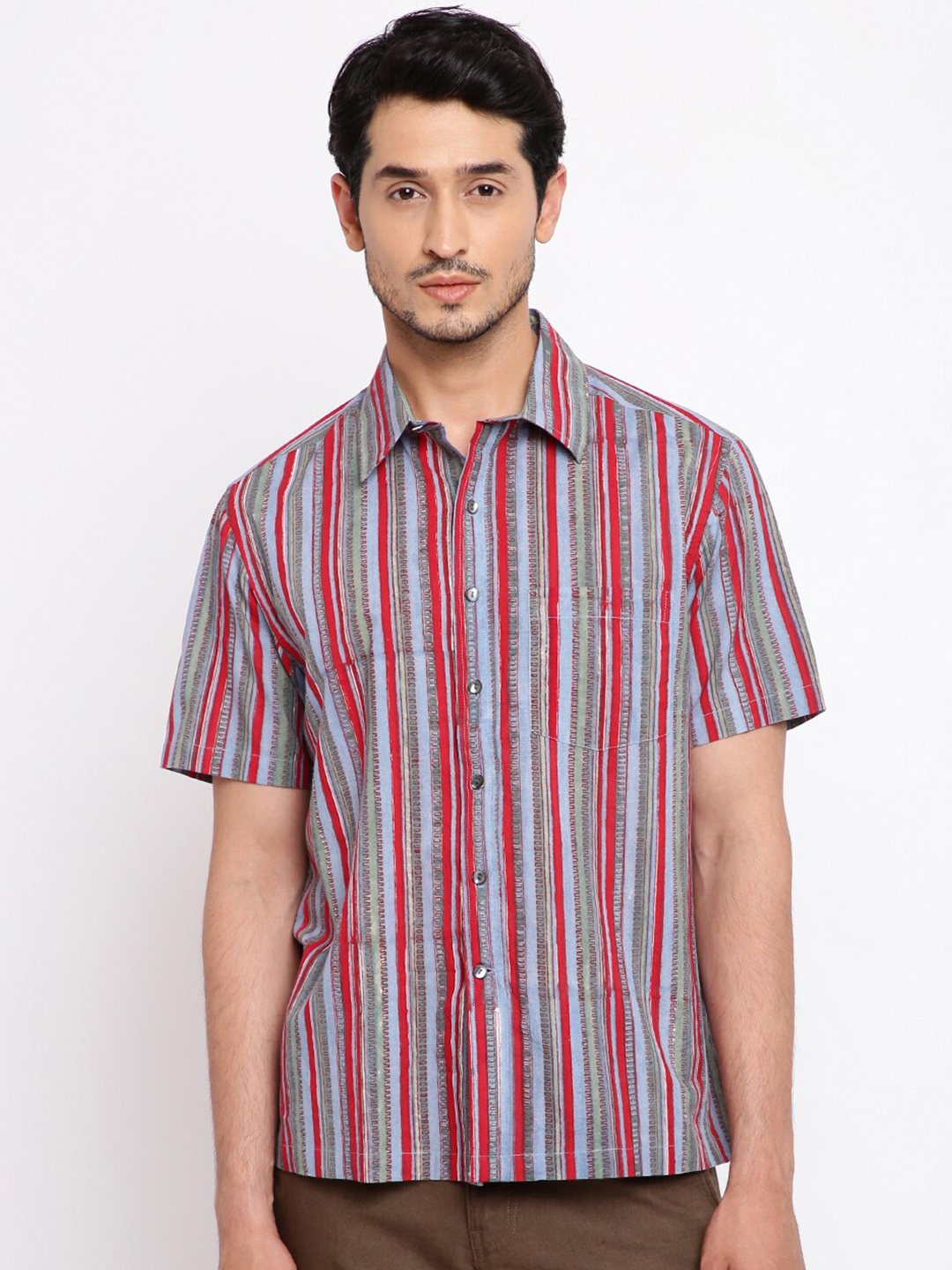 

Fabindia Men Green & Red Classic Multi Stripes Striped Cotton Regular Fit Casual Shirt