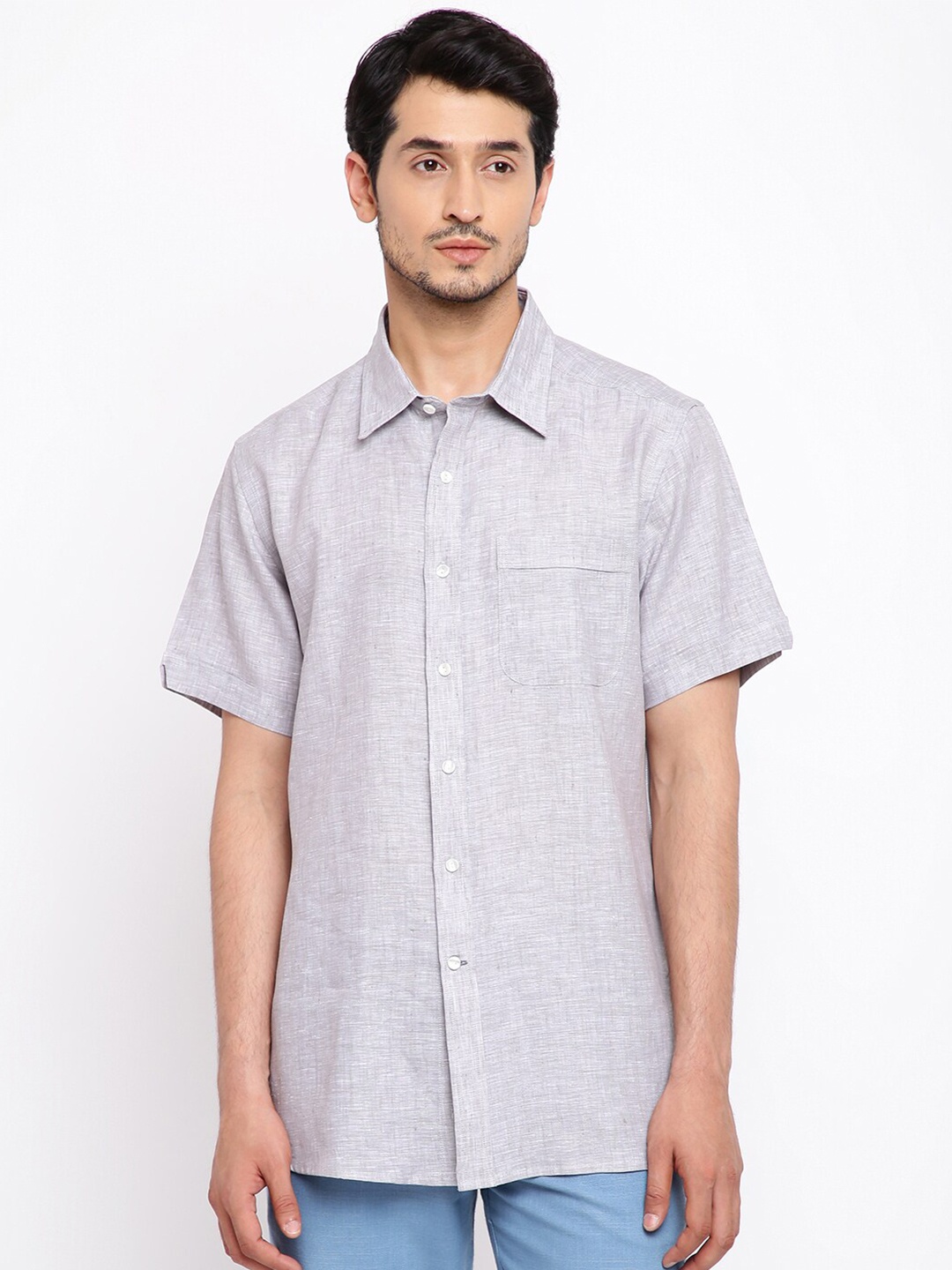

Fabindia Men Grey Solid Linen Classic Comfort Fit Casual Shirt