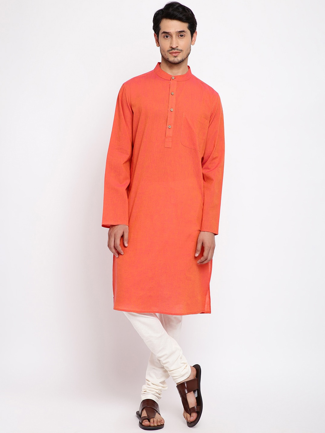 

Fabindia Men Orange Mandarin collar Cotton Slim Fit Long Kurta