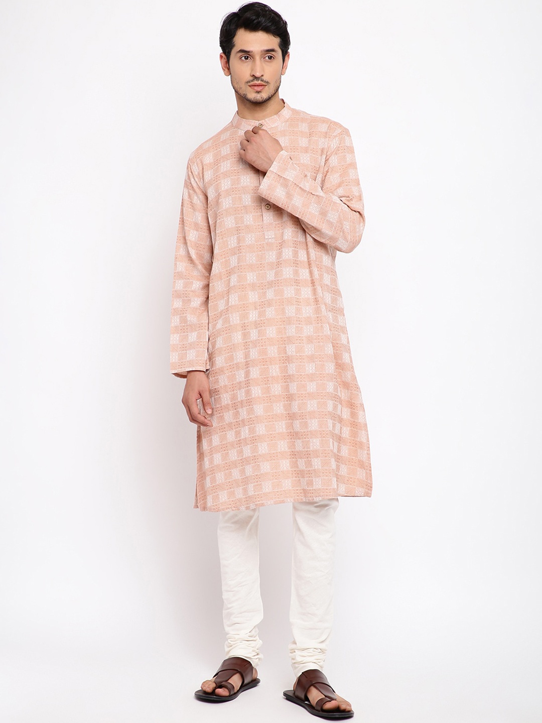 

Fabindia Men Pink Woven Long Kurta