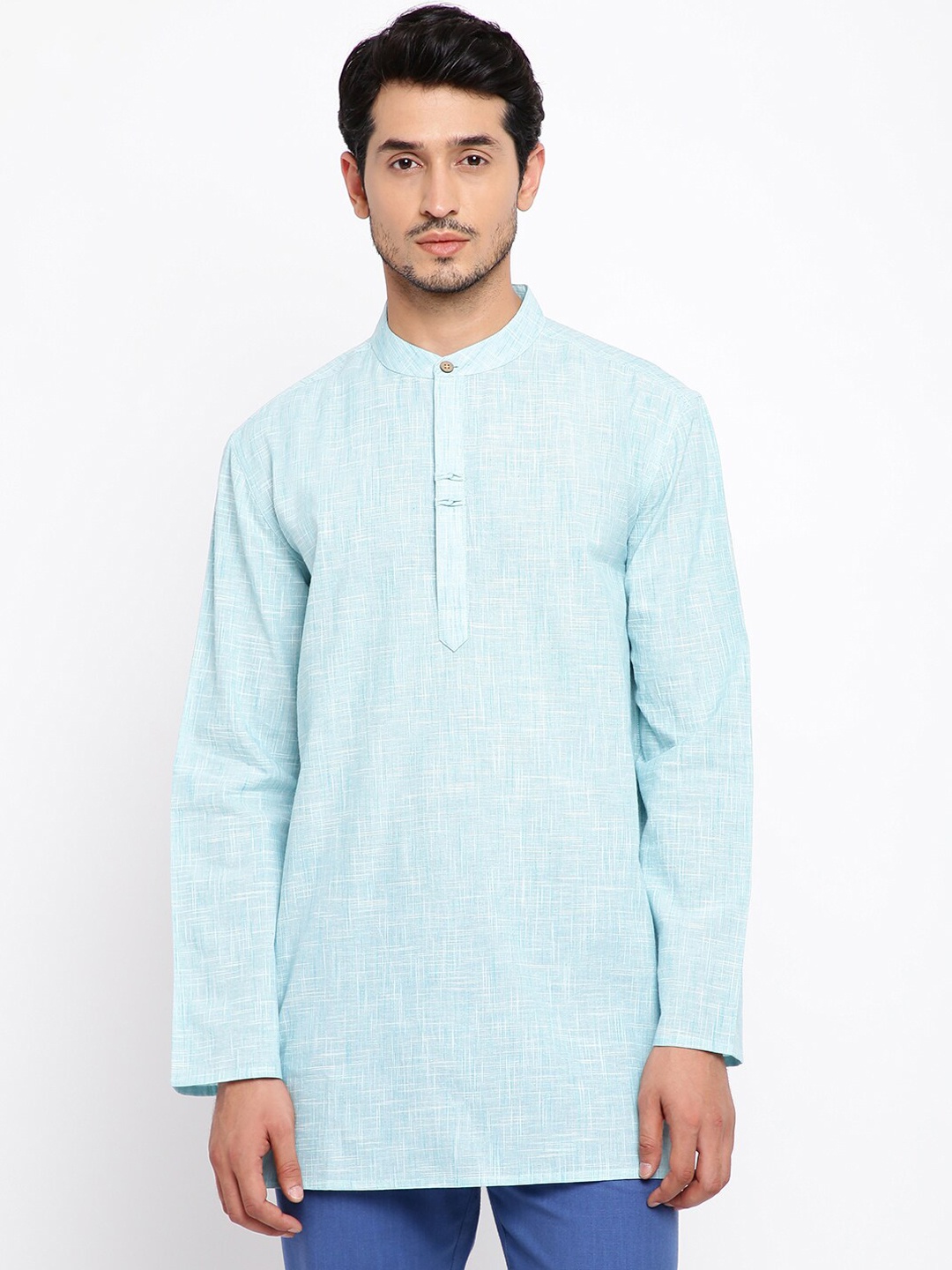 

Fabindia Men Turquoise Blue Thread Cotton Comfort Fit Short Kurta
