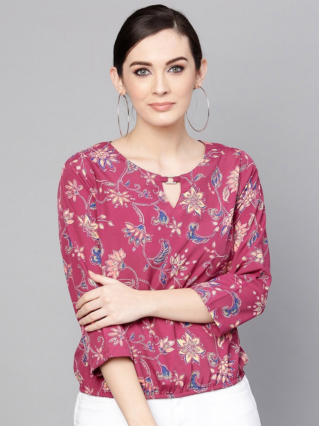 

Pannkh Women Burgundy & Blue Floral Print Keyhole Neck Blouson Top