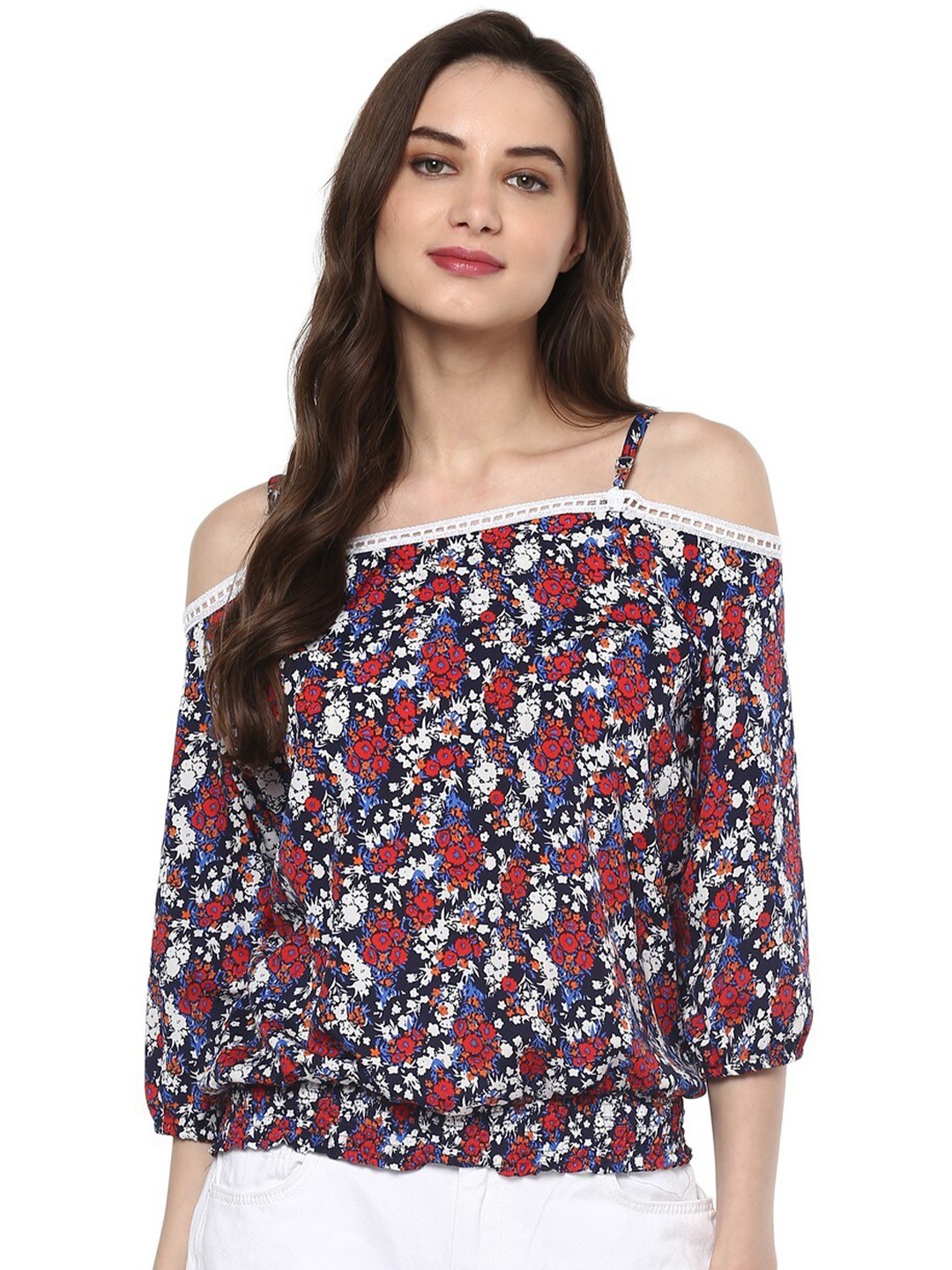 

Pannkh Red & Navy Blue Floral Print Top