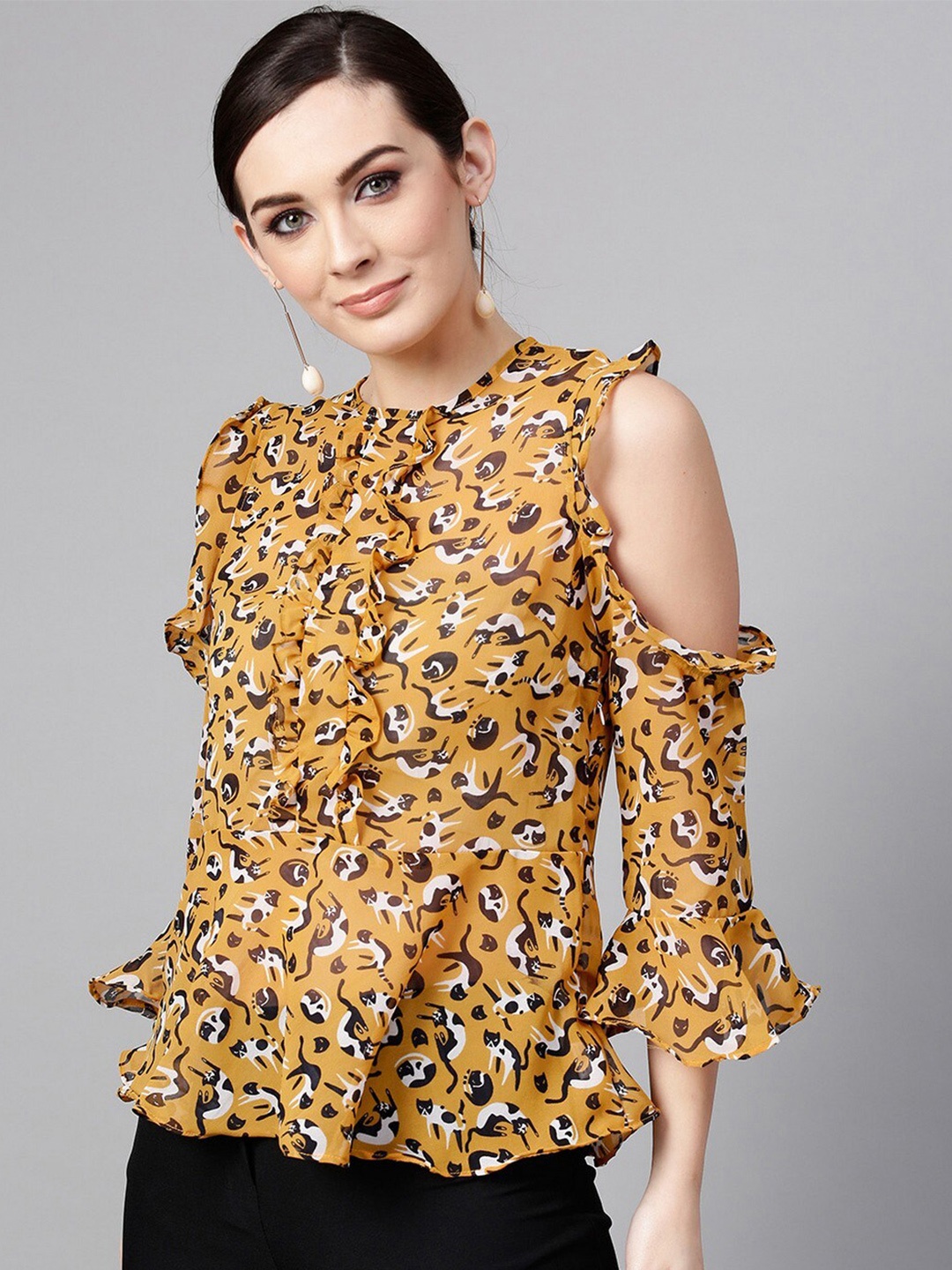 

Pannkh Women Brown Floral Print Ruffles Top