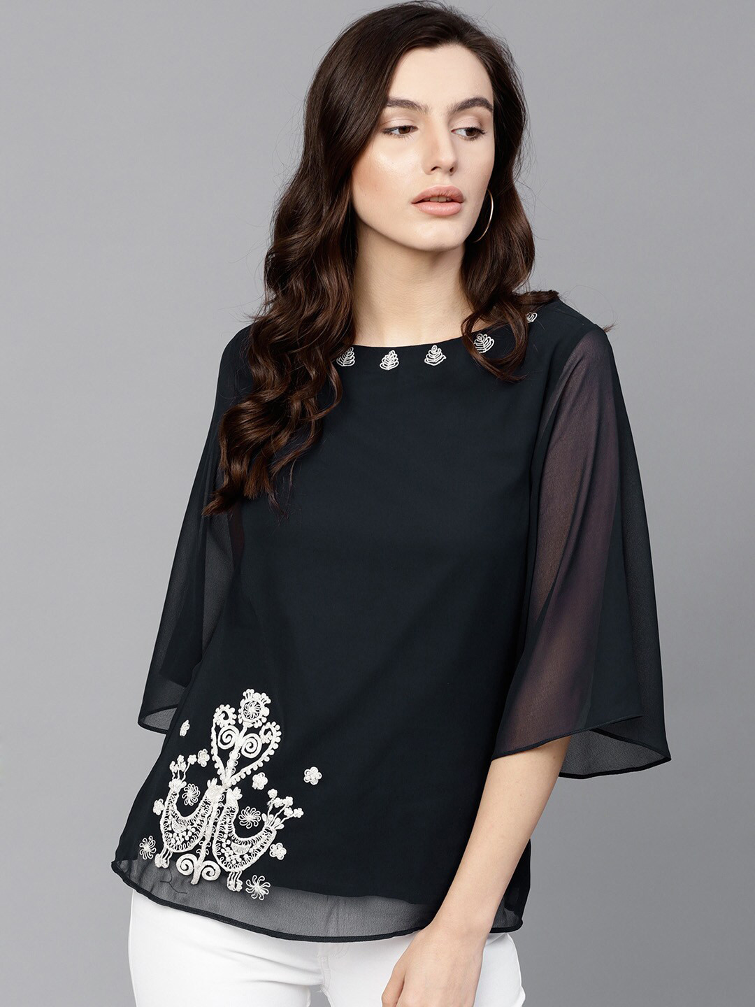 

Pannkh Navy Blue Embroidered Sheer Top