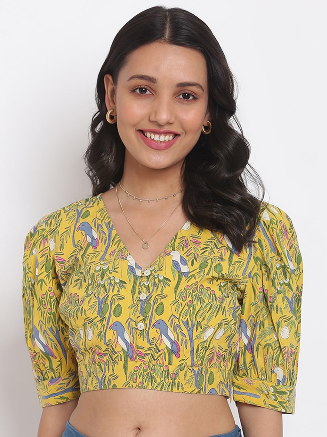 

Fabindia Yellow Floral Print Crop Top