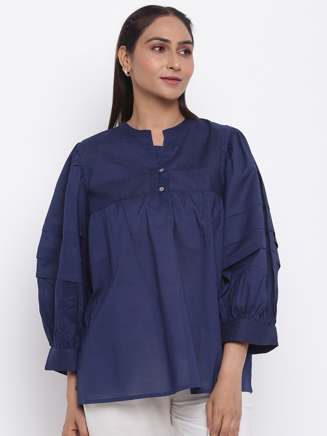 

Fabindia Blue Cotton Mandarin Collar Top