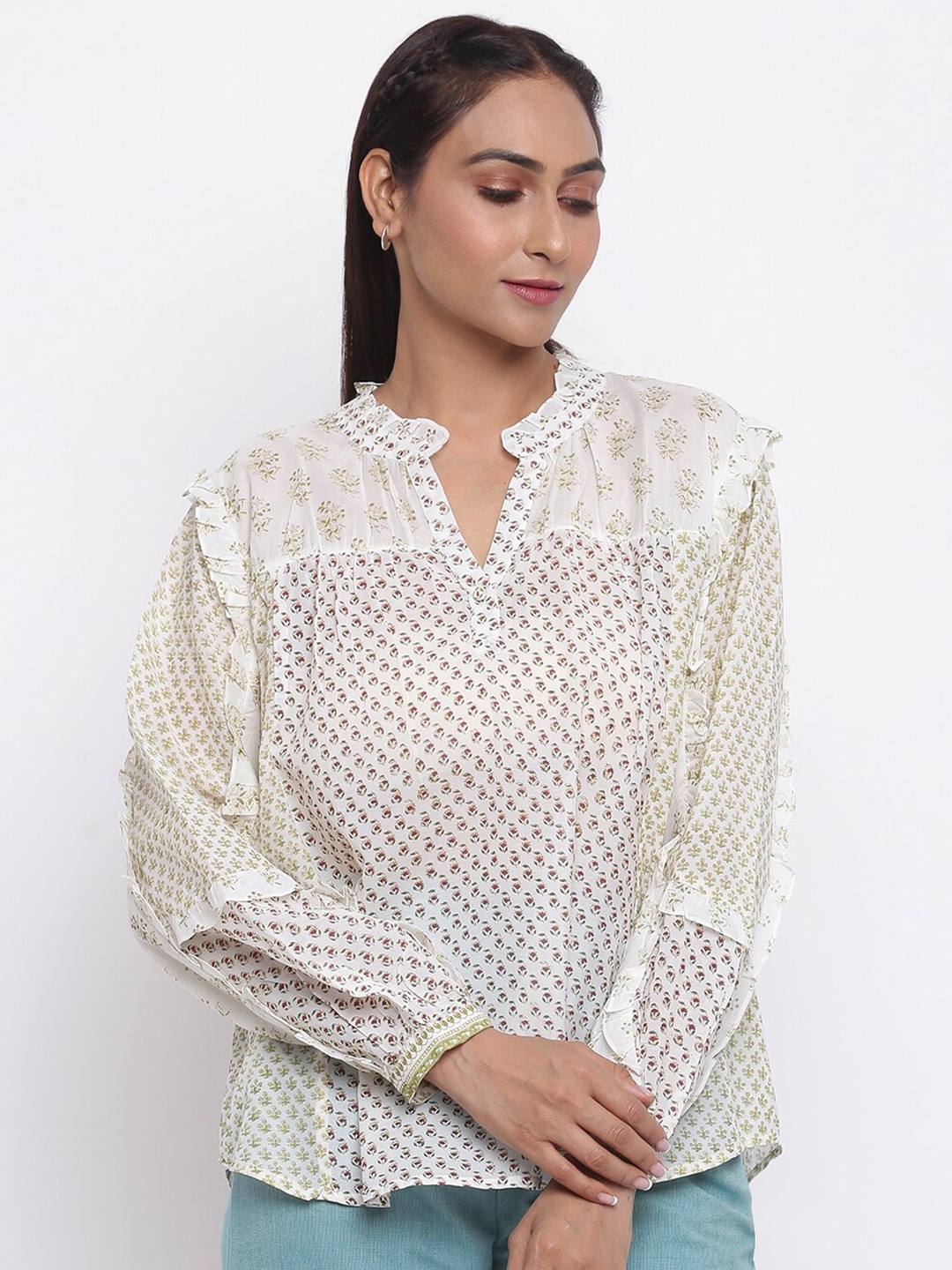 

Fabindia Women White Cotton Blend Round Neck Floral Print Mandarin Collar Top