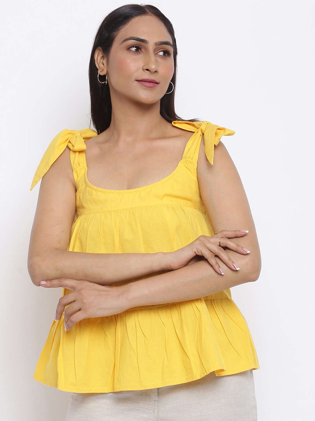 

Fabindia Yellow Tie Up A-Line Pure Cotton Top