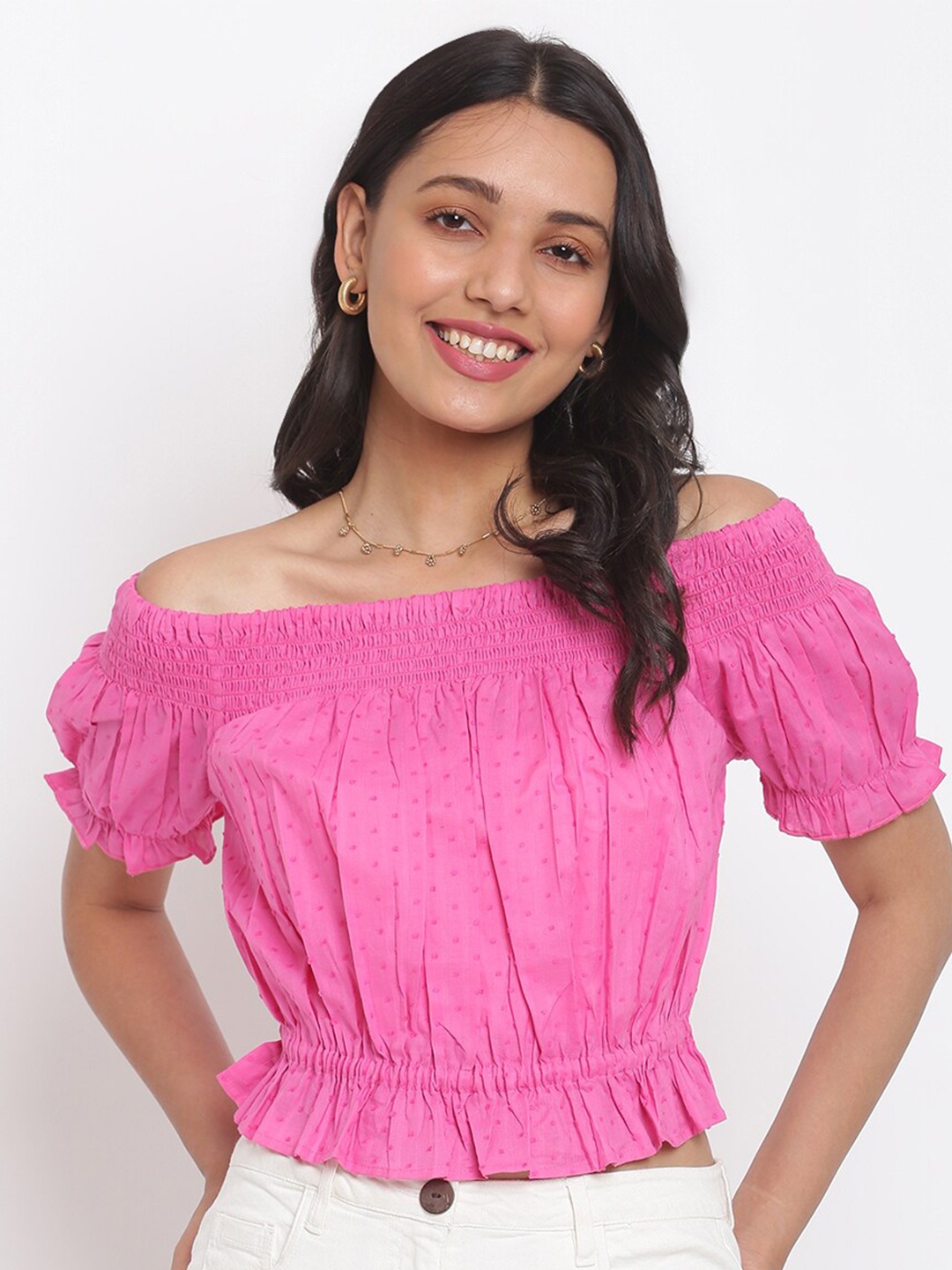 

Fabindia Pink Off-Shoulder Bardot Crop Top