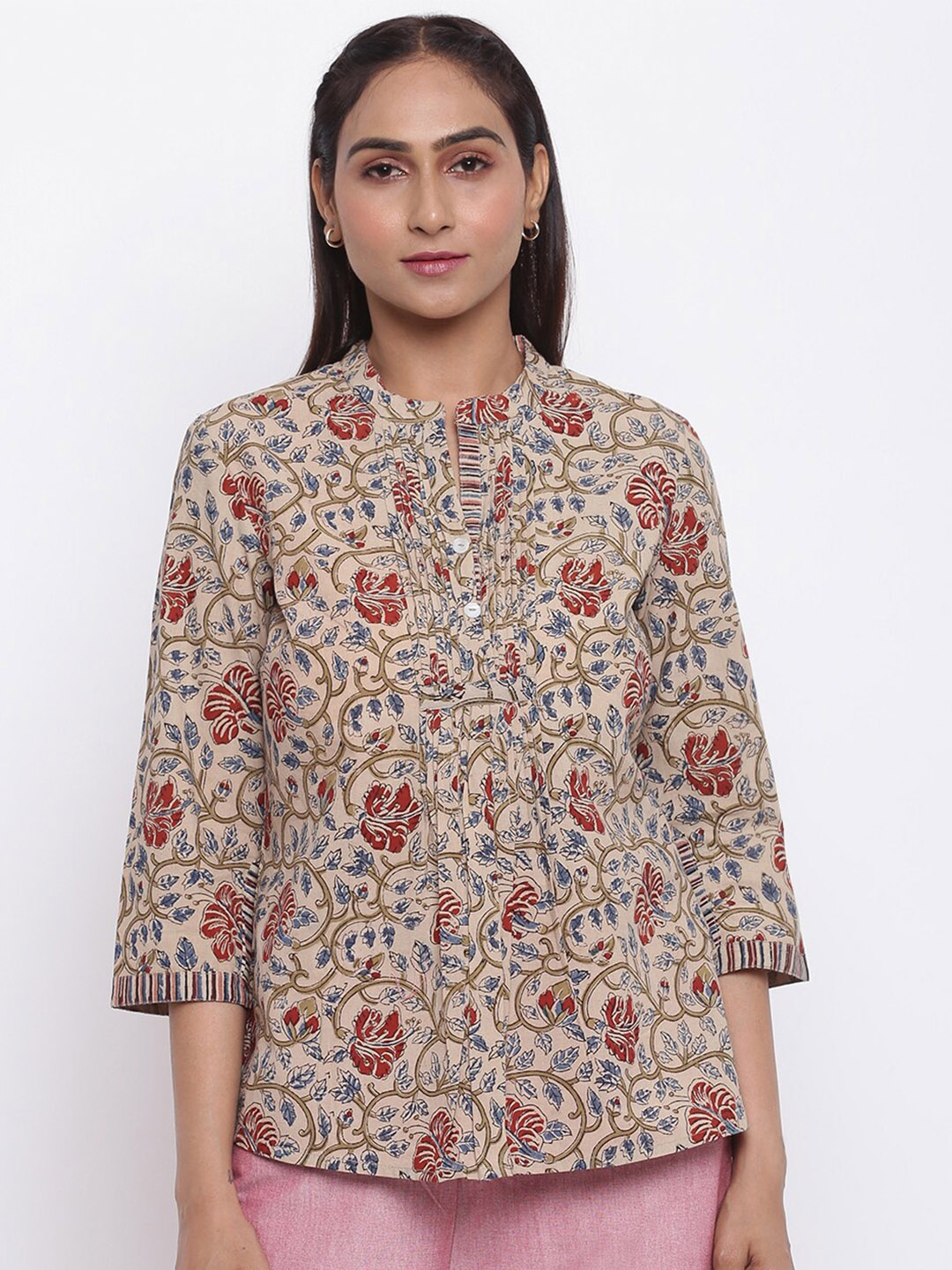 

Fabindia Beige Floral Print Mandarin Collar Top