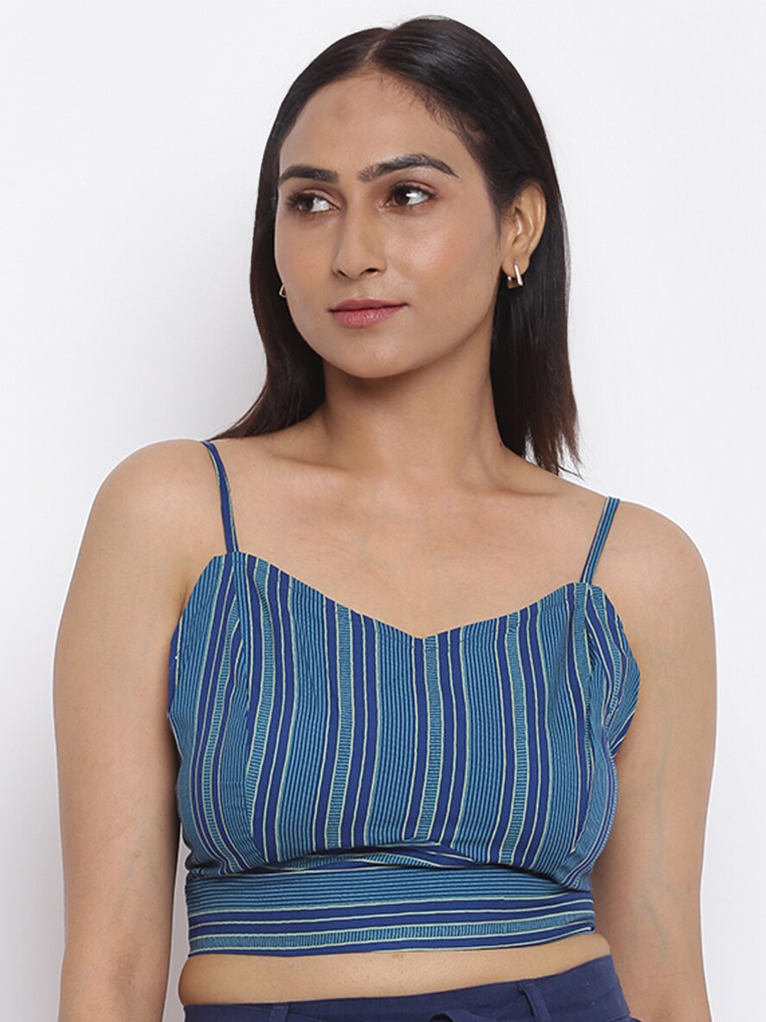 

Fabindia Teal Blue Striped Blouson Crop Top