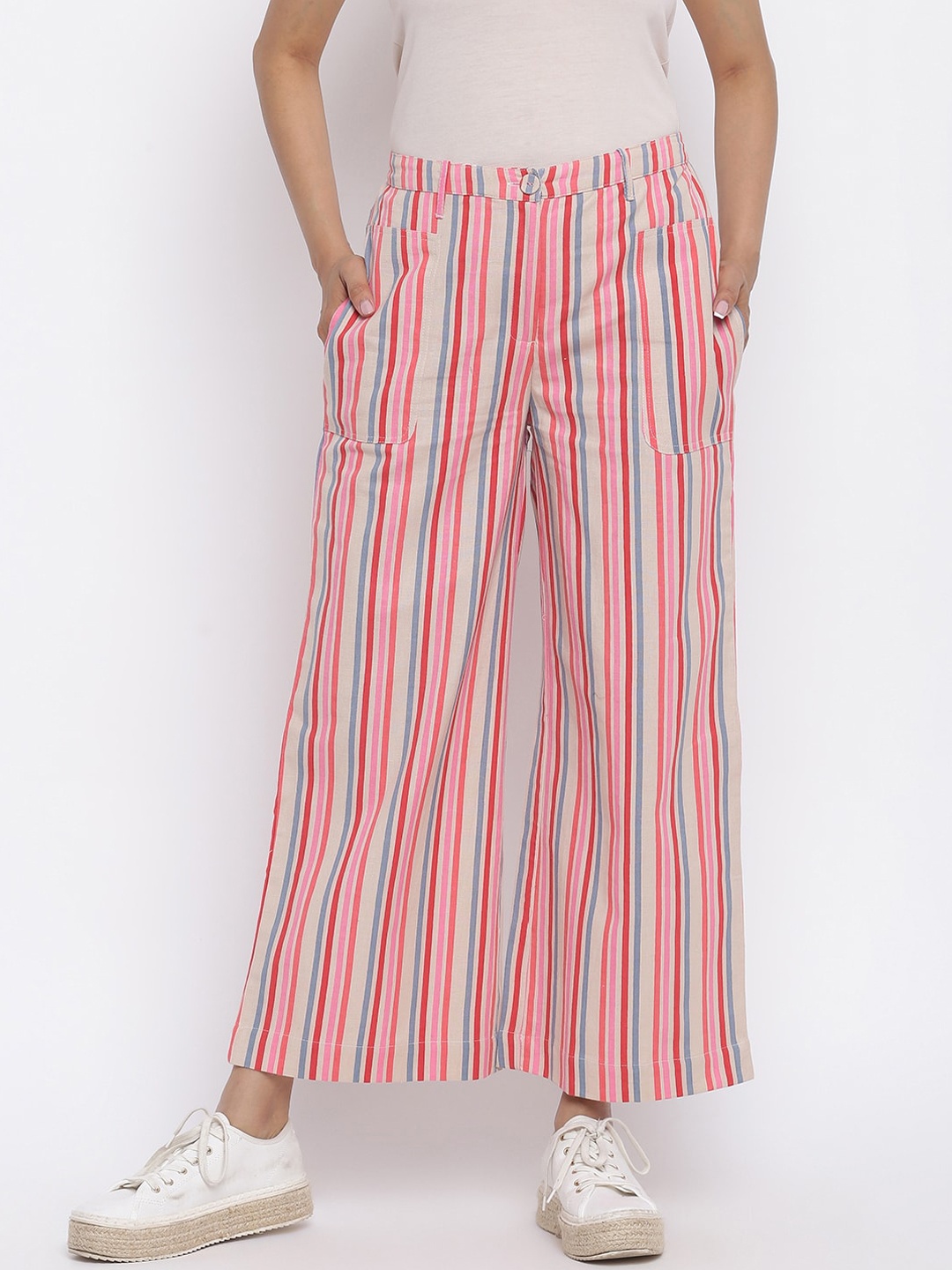 

Fabindia Women Red Striped Cotton Linen Slim Fit Casual Trousers