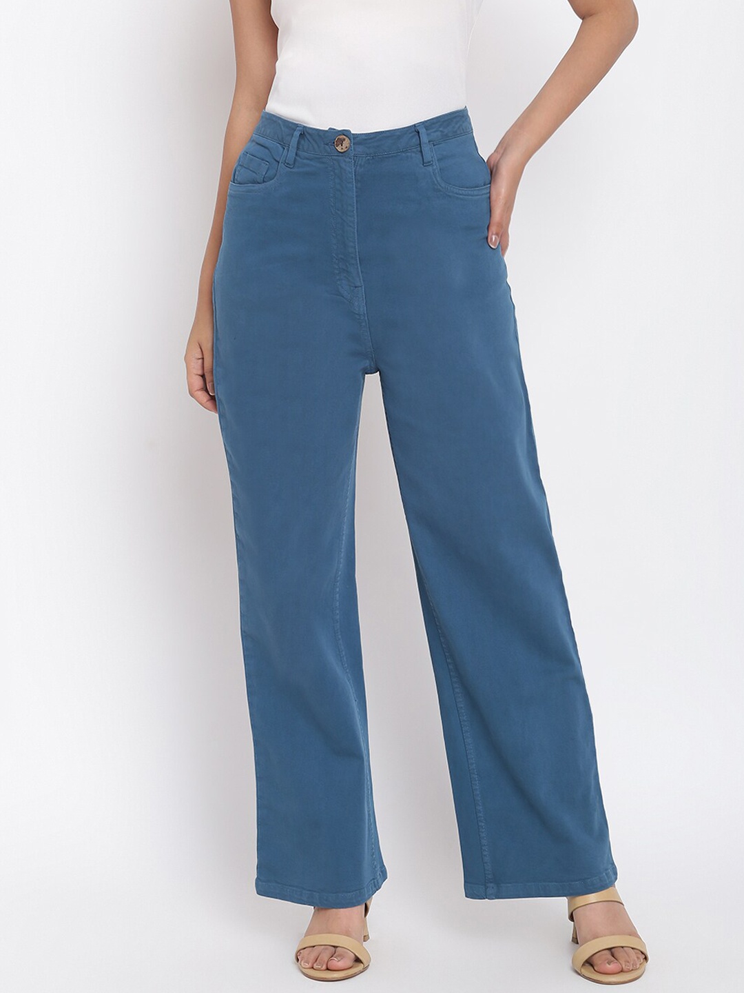 

Fabindia Women Blue Solid Slim Fit Parallel Cotton Trousers