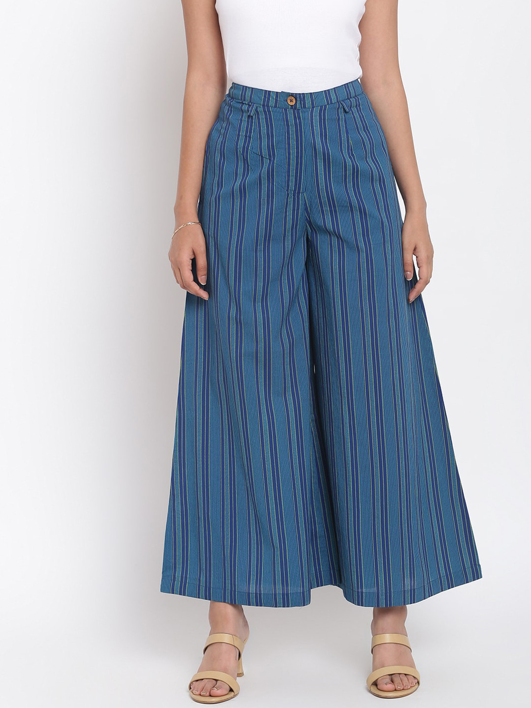 

Fabindia Women Blue Slim fit Cotton Striped Casual Trousers