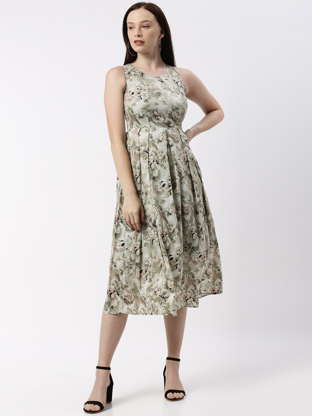 

kriatma Olive Green Floral Georgette Midi Dress