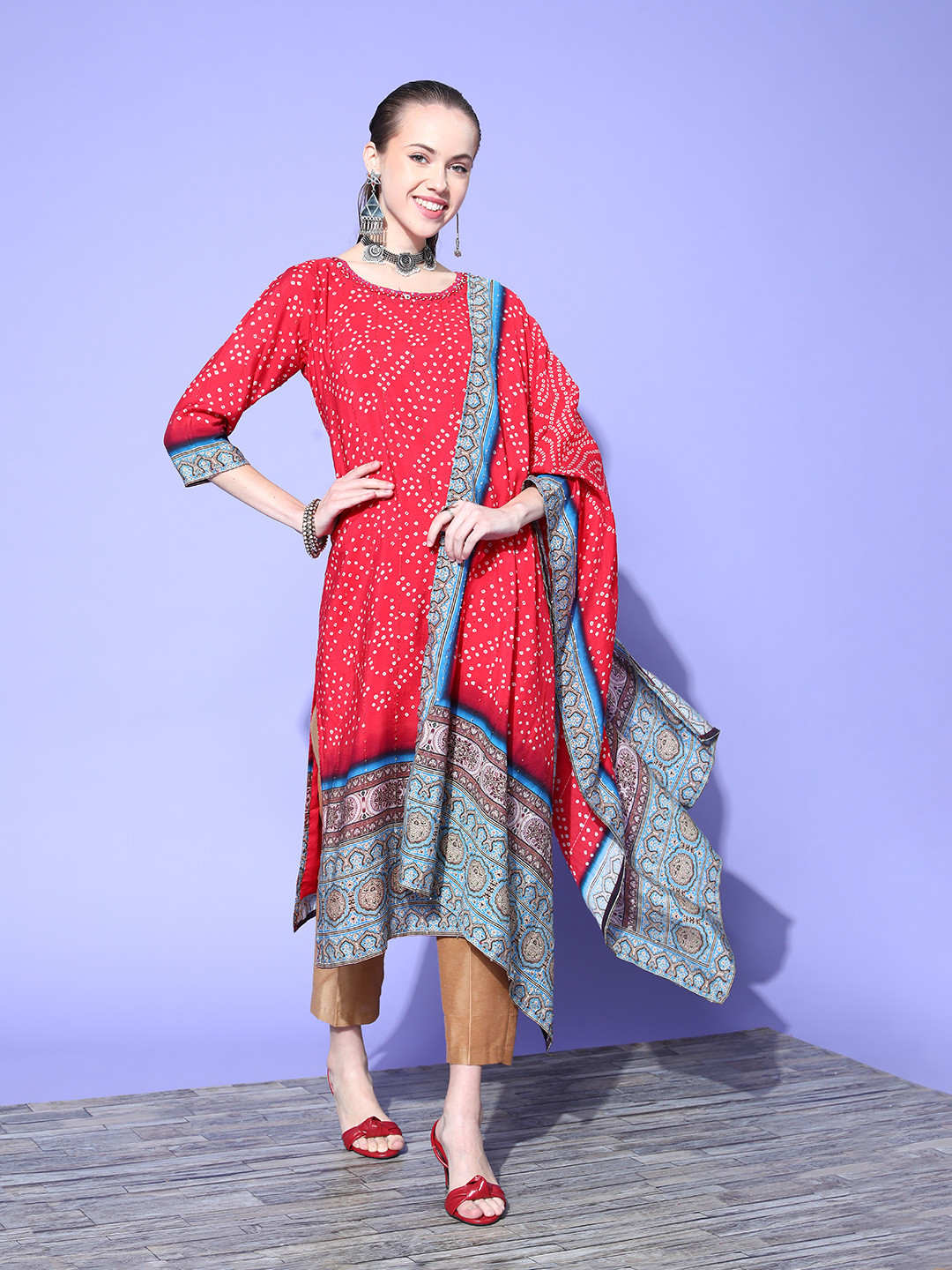 

ZOLA Women Ethnic Motifs Polyester Print Parade Kurta Set, Coral