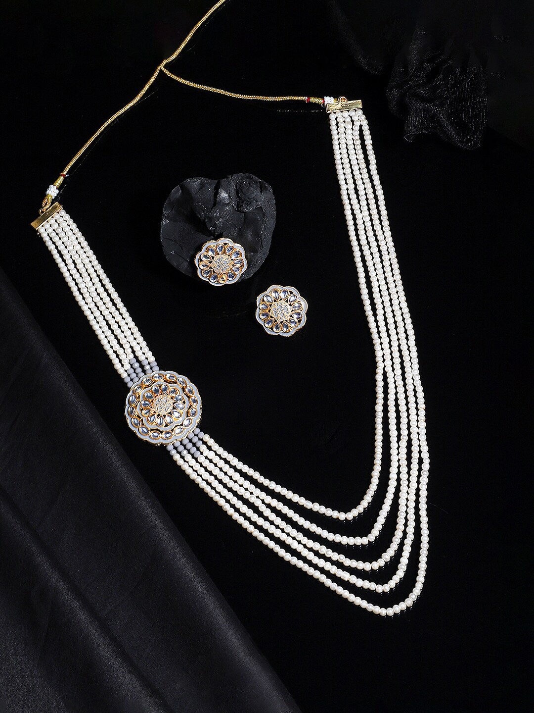 

Yellow Chimes Gold-Plated White Stone-Studded & Pearl Beaded Jewellery Set