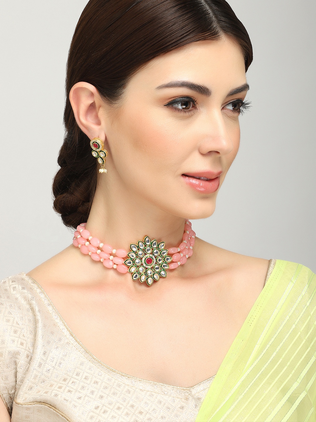 

Yellow Chimes Gold Plated & Pink Beaded Choker Jewellery set