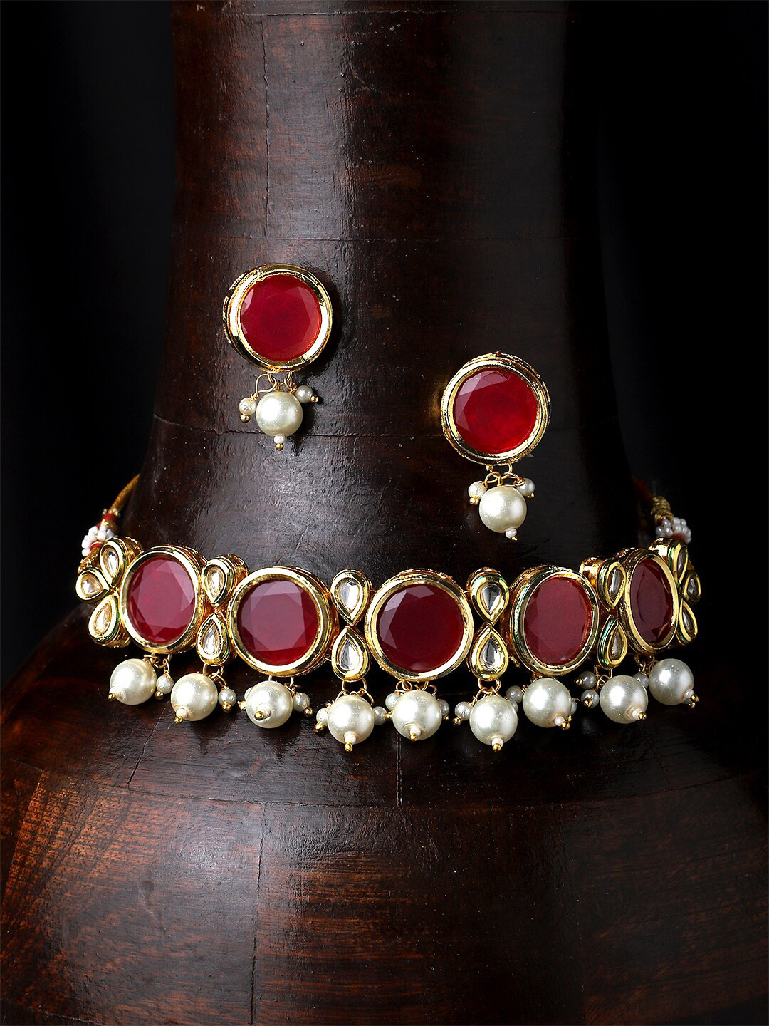 

Yellow Chimes Red & Gold-Toned & Plated Stone Studded Choker Jewellery Set