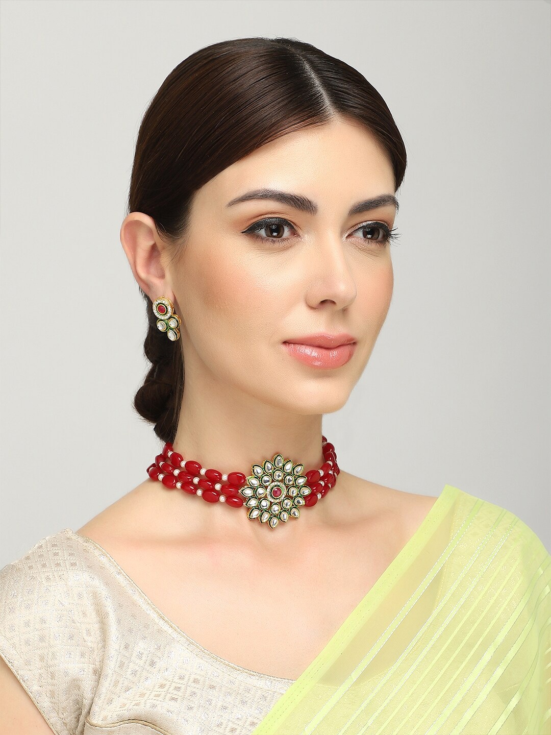 

Yellow Chimes Red & Gold-Toned & Plated Beaded Choker Jewellery Set